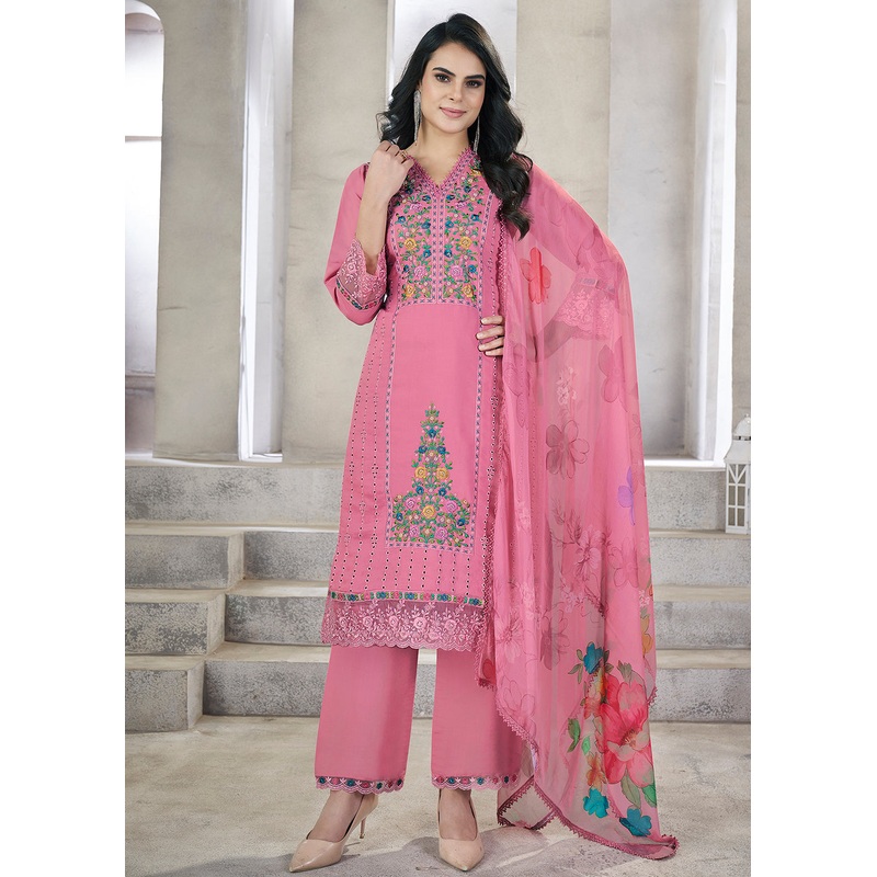 Pink Roman Silk Embroidered Festive Salwar Kurta Suit