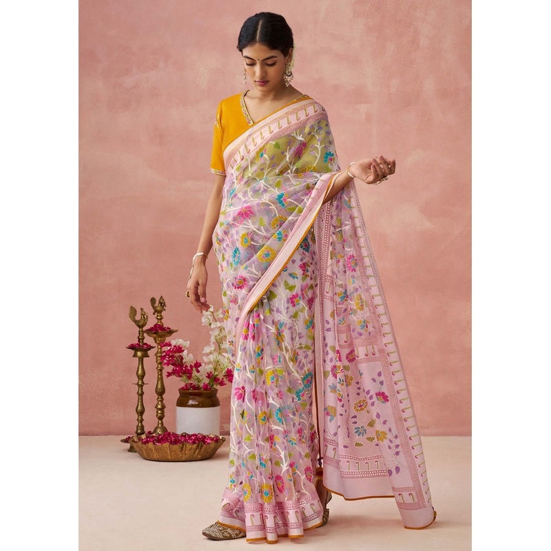 Pink Soft Brasso Organza Printed Festive Classic Saree
