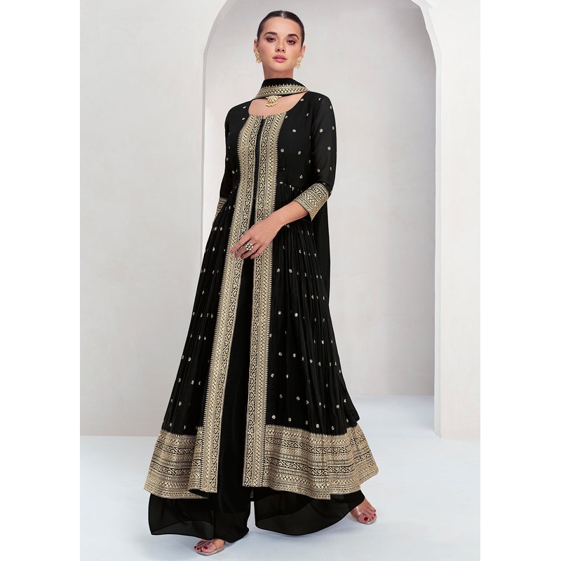 Pretty Black Georgette Embroidered Slit Style Palazzo Suit
