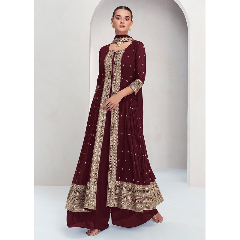 Pretty Maroon Georgette Embroidered Slit Style Palazzo Suit