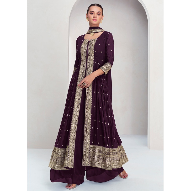 Pretty Purple Georgette Embroidered Slit Style Palazzo Suit
