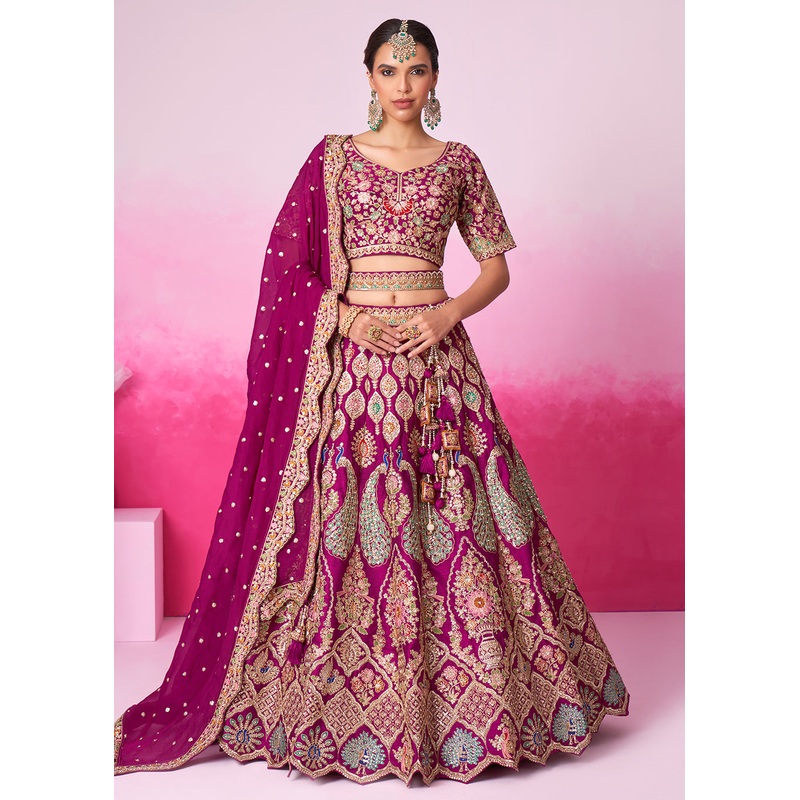 Pure Silk Embroidered Burgundy Designer Bridal Lehenga Choli