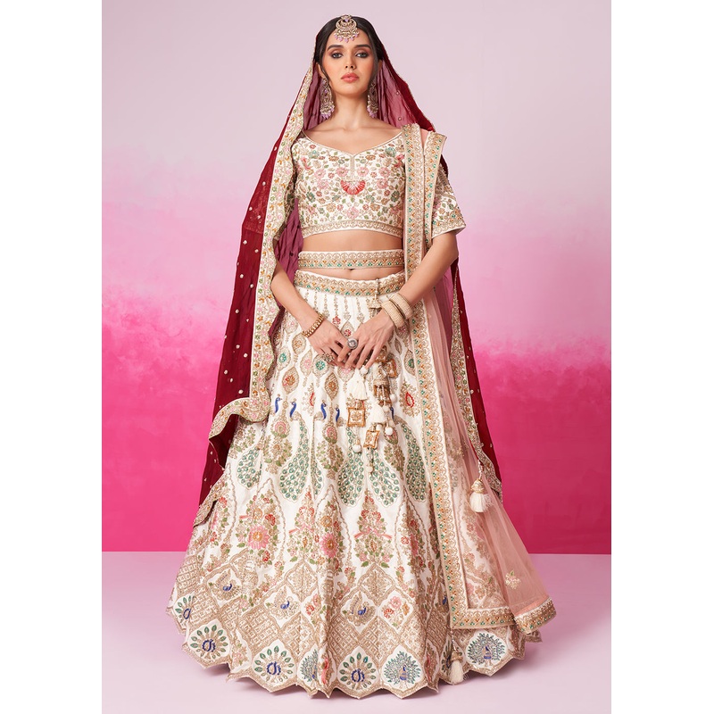 Pure Silk Embroidered Cream Designer Bridal Lehenga Choli