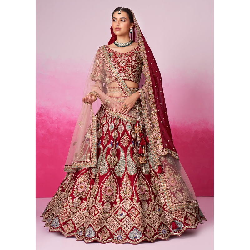 Pure Silk Embroidered Red Designer Bridal Lehenga Choli