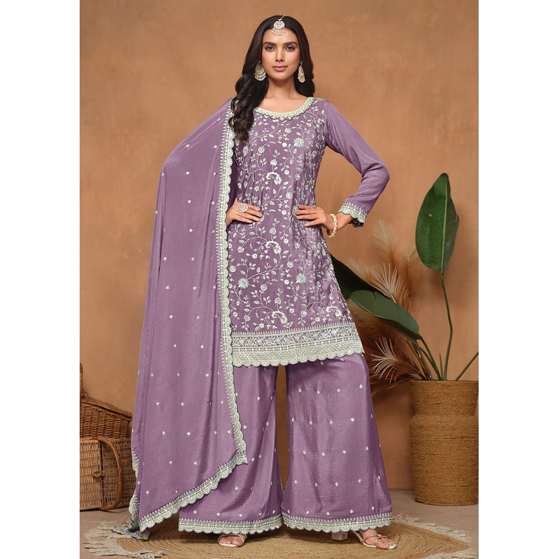 Purple Chinnon Resham & Sequins Embroidered Palazzo Suit