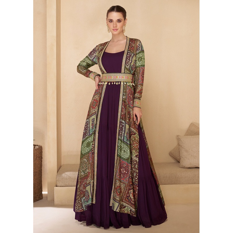 Purple Embroidered Georgette Shrug Style Anarkali Suit