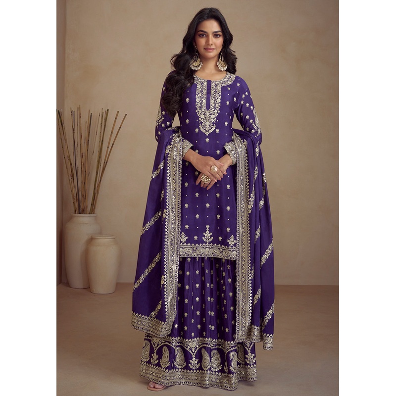 Purple Embroidered Real Chinnon Designer Palazzo Suit