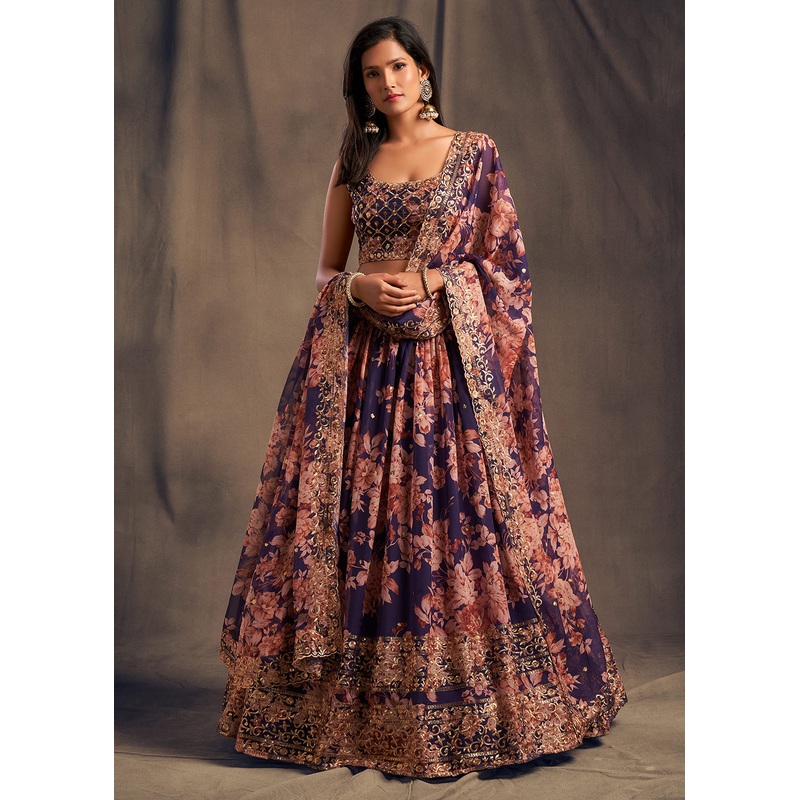 Purple Floral Embroidered Organza Wedding Lehenga Choli