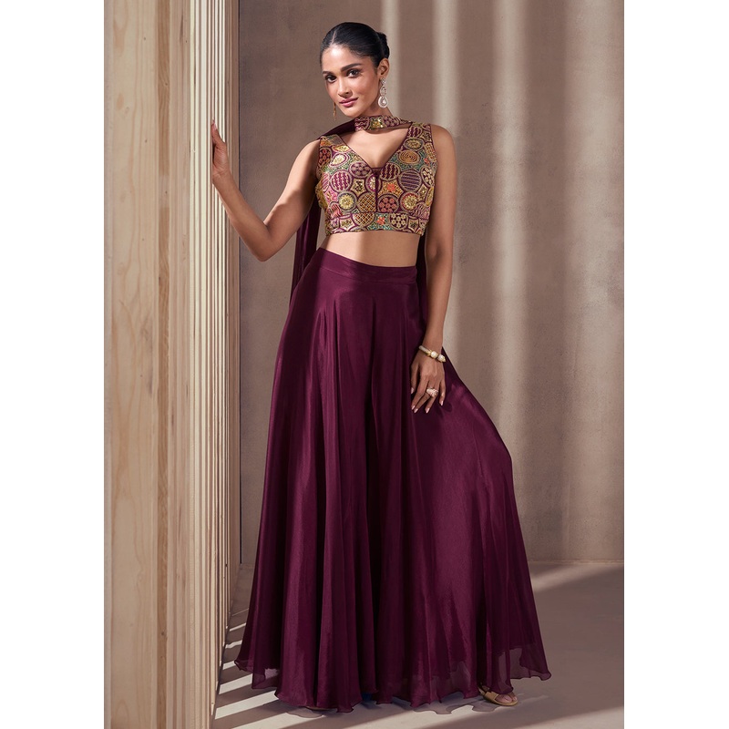 Purple Real Chinnon Indo Western Palazzo Suit