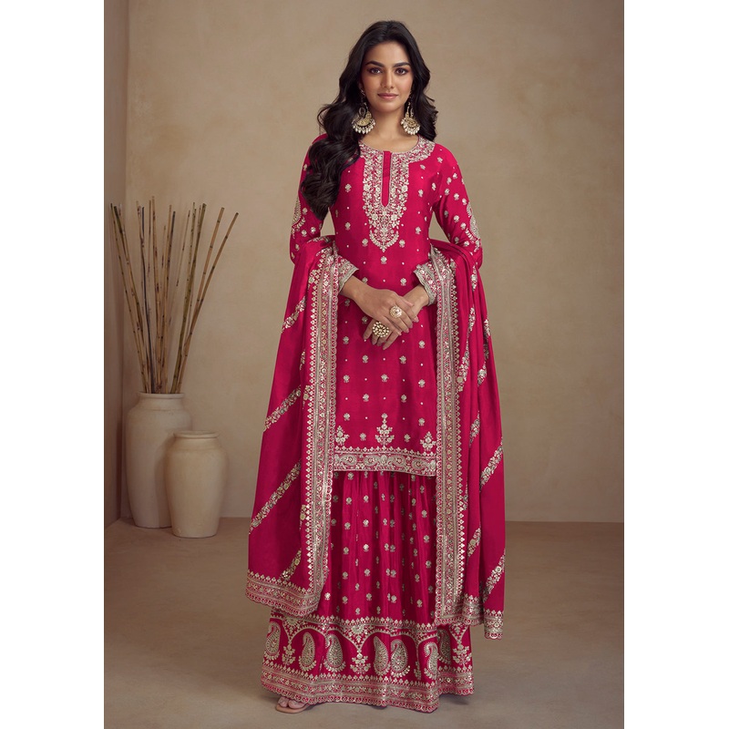 Rani Pink Embroidered Real Chinnon Designer Palazzo Suit