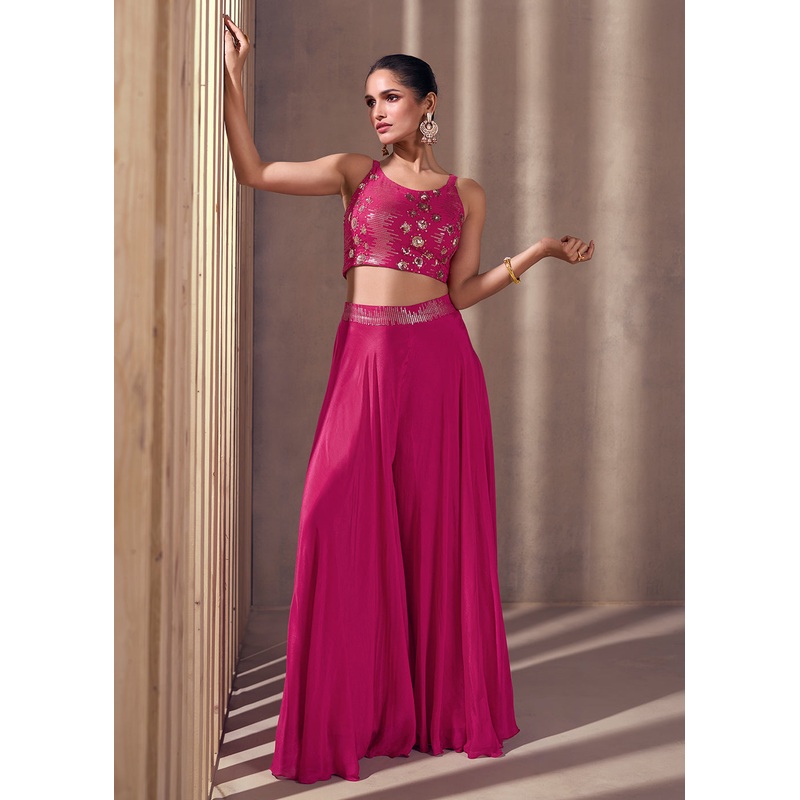 Rani Pink Real Chinnon Indo Western Palazzo Suit