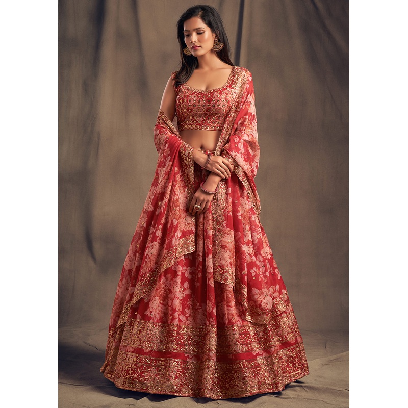 Red Floral Embroidered Organza Wedding Lehenga Choli