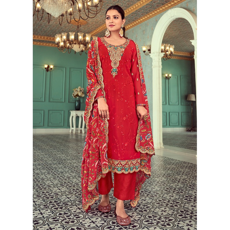 Red Real Georgette Embroidered Pant Style Sakwar Suit