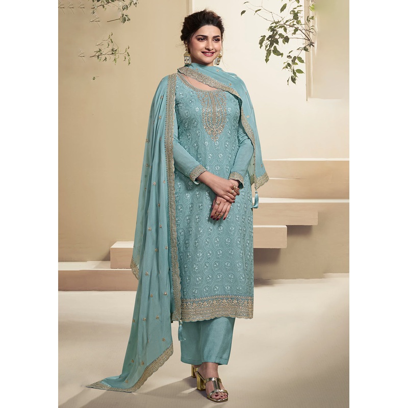 Sea Blue Schiffli Embroidered Organza Salwar Suit