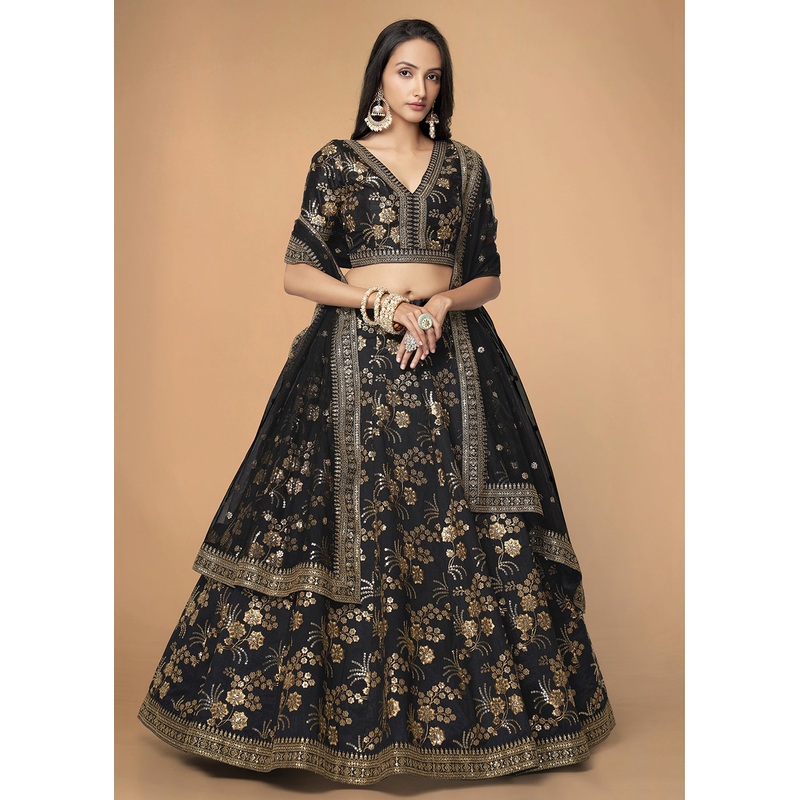 Sequins & Zari Embroidered Black Silk Designer Lehenga Choli