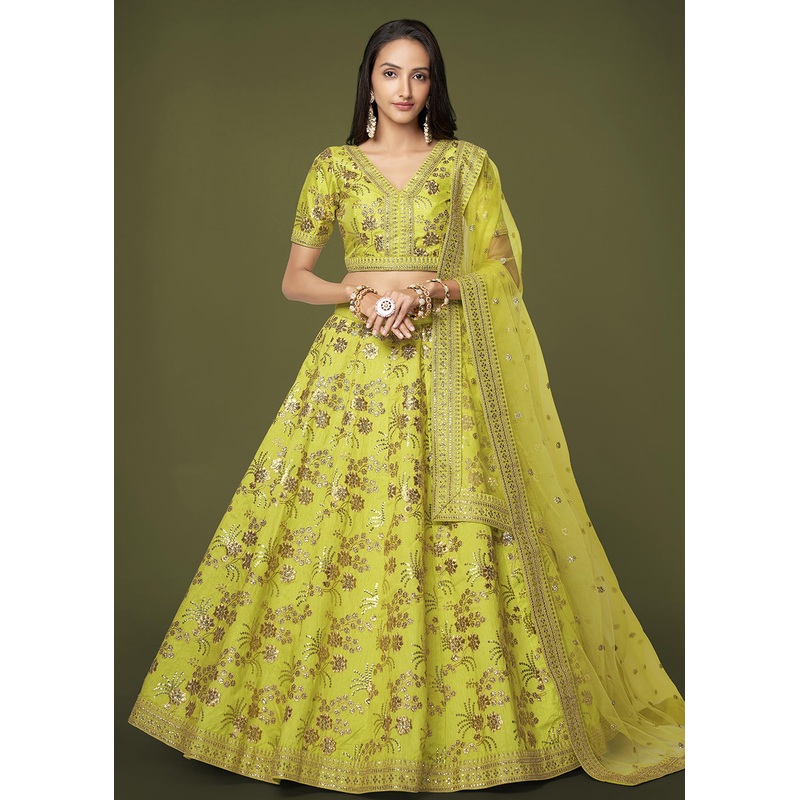 Sequins & Zari Embroidered Green Silk Designer Lehenga Choli