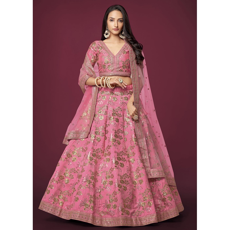 Sequins & Zari Embroidered Pink Silk Designer Lehenga Choli