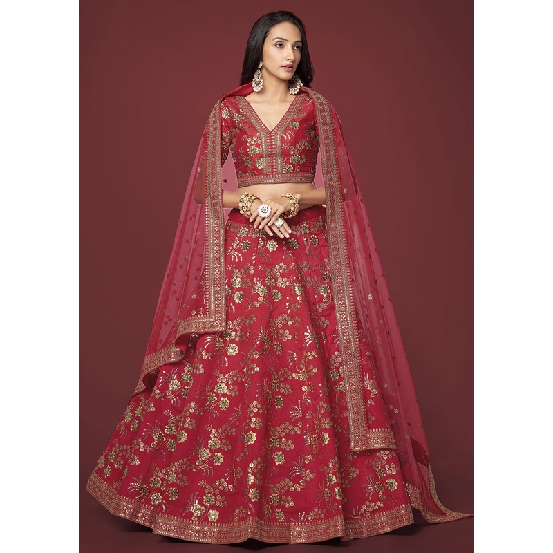 Sequins & Zari Embroidered Red Silk Designer Lehenga Choli