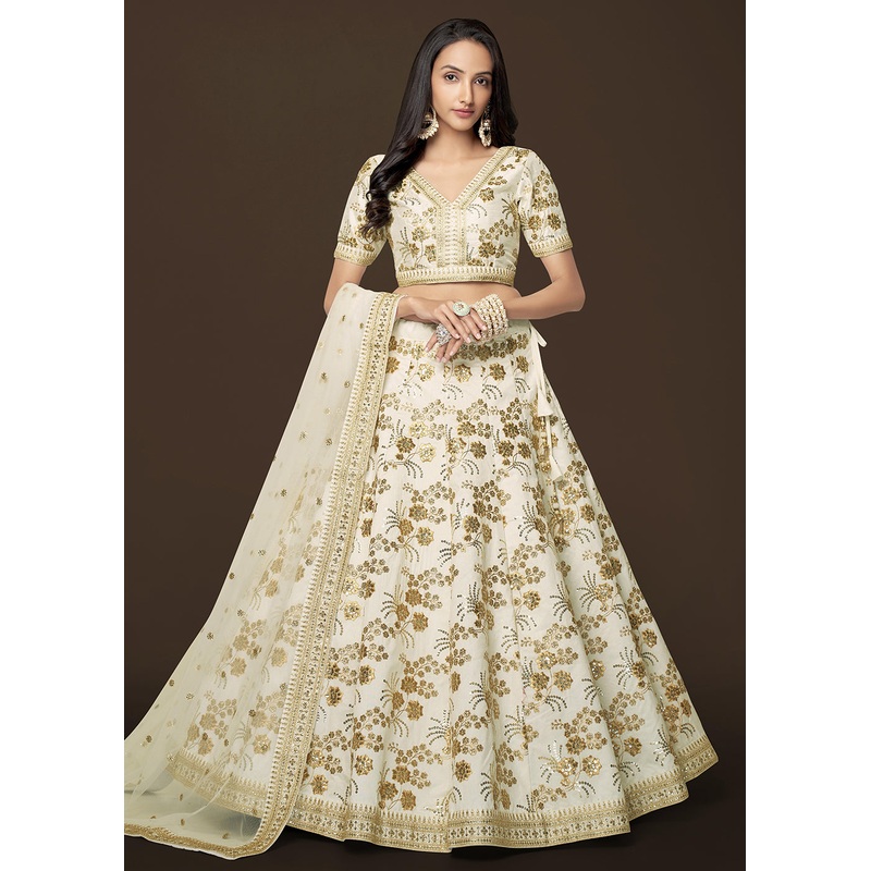 Sequins & Zari Embroidered White Silk Designer Lehenga Choli