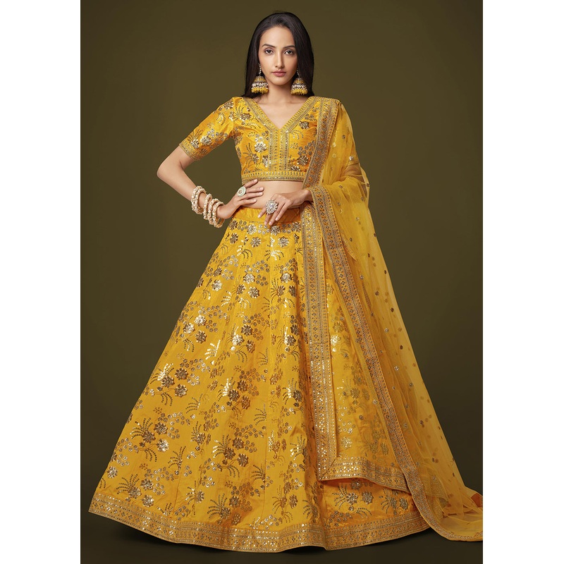 Sequins & Zari Embroidered Yellow Silk Designer Lehenga Choli