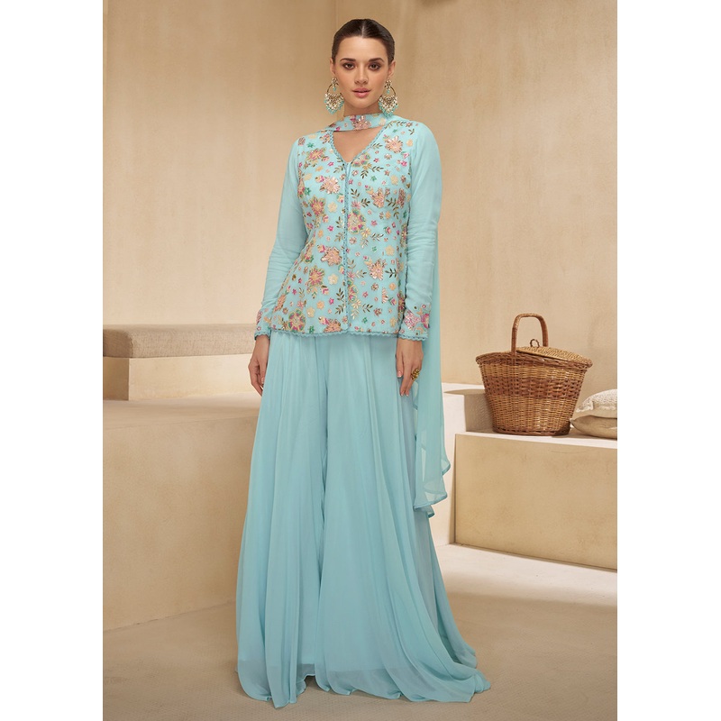 Sky Blue Designer Embroidered Party Wear Sharara Suit