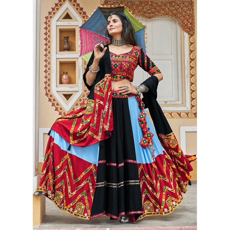Sky Blue Embroidered with Mirror Work Chaniya Choli for Navratri