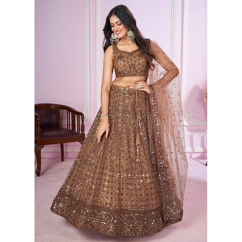Soft Net Embroidered Brown Color Reception Lehenga Choli