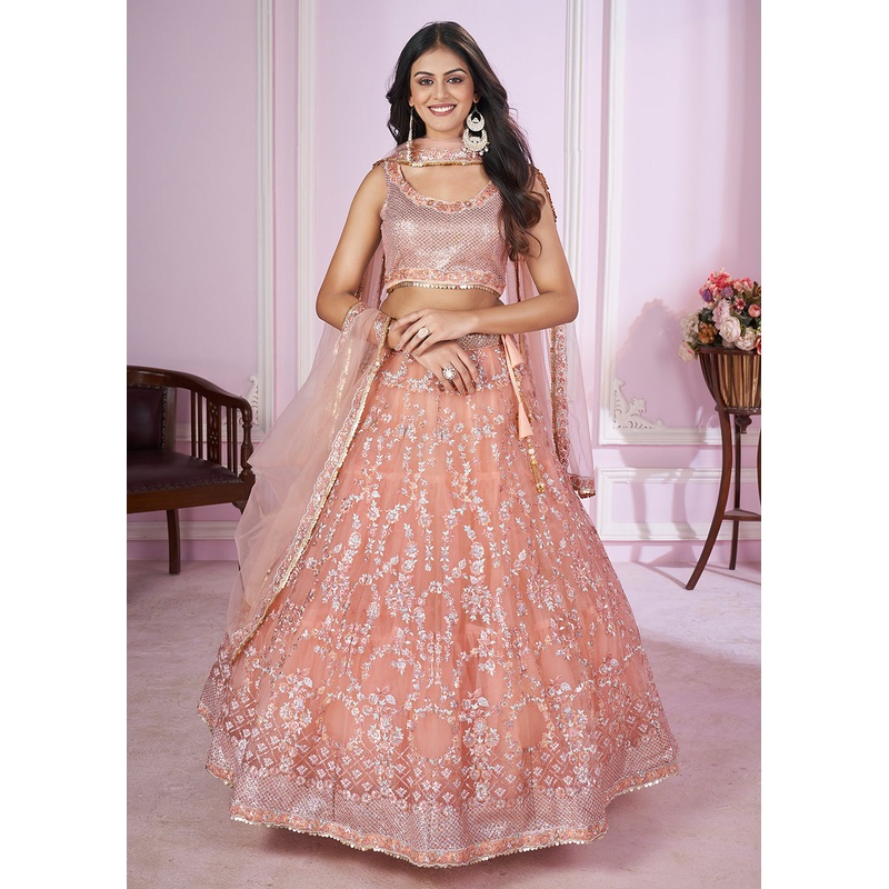 Soft Net Embroidered Pink Color Bridesmaids Lehenga Choli
