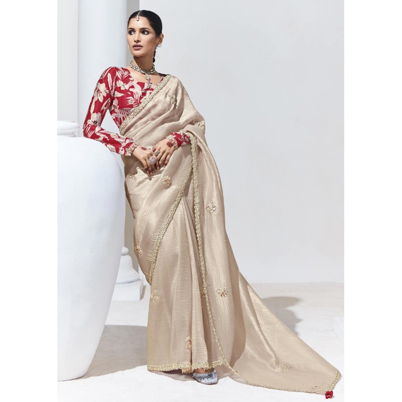 Stunning Beige Organza Embroidered Party Wear Saree