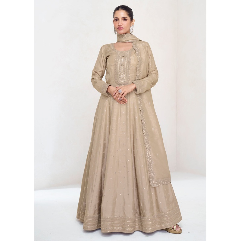 Stunning Beige Silk Embroidered Wedding Anarkali Gown
