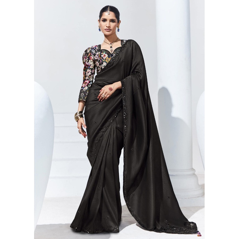 Stunning Black Organza Embroidered Party Wear Saree