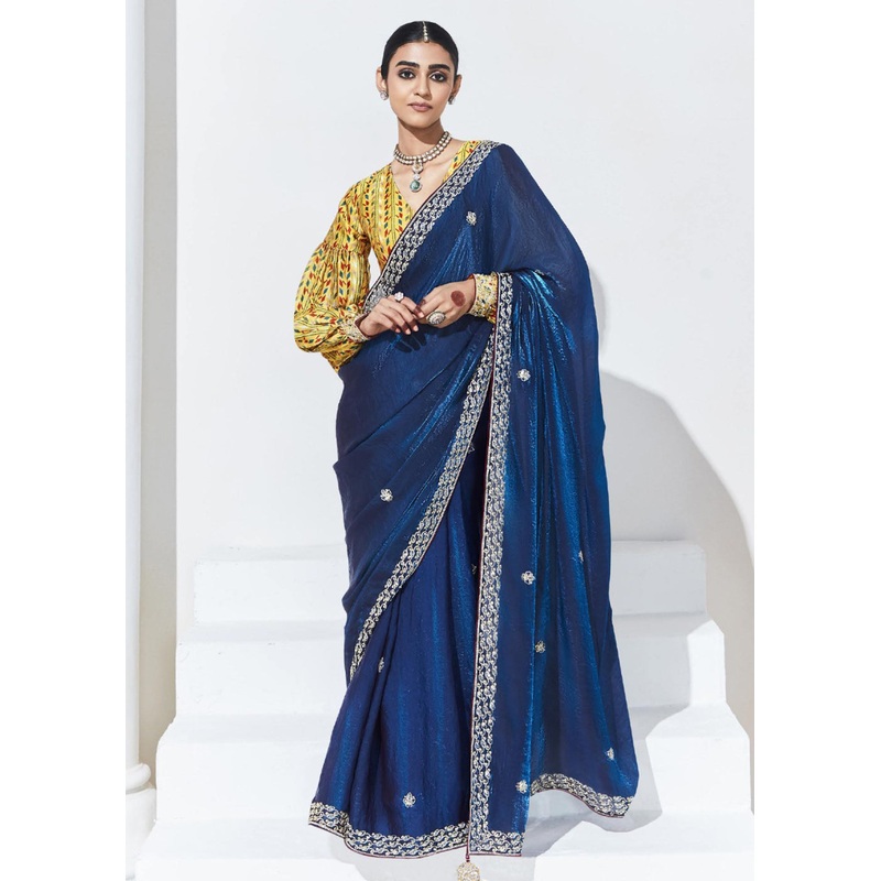 Stunning Blue Organza Embroidered Party Wear Saree