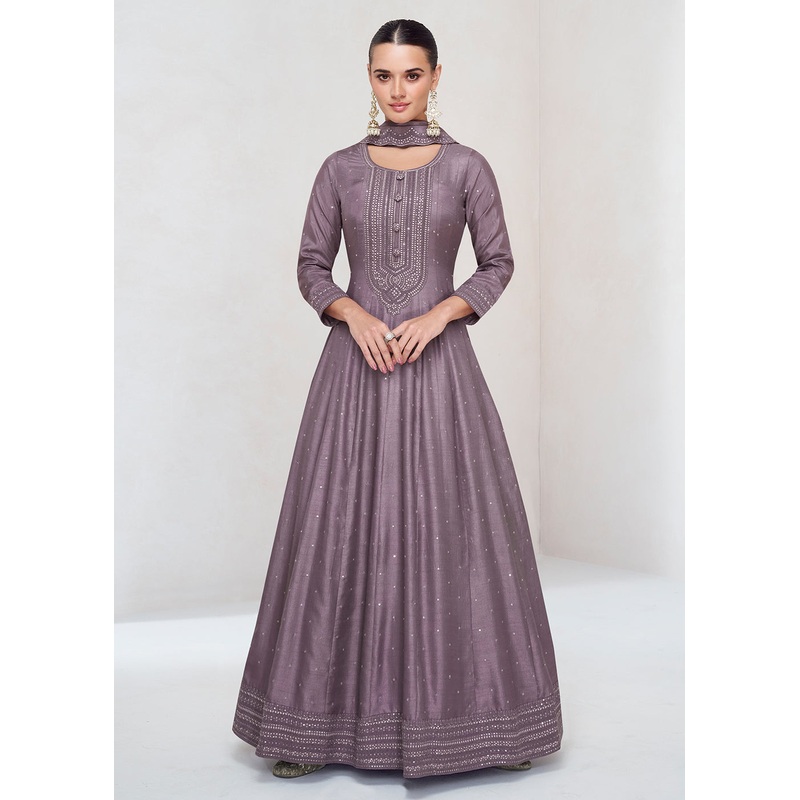 Stunning Dusty Purple Silk Embroidered Wedding Anarkali Gown