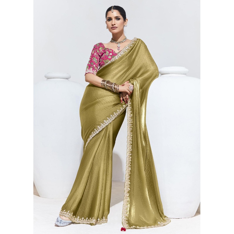 Stunning Golden Organza Embroidered Party Wear Saree