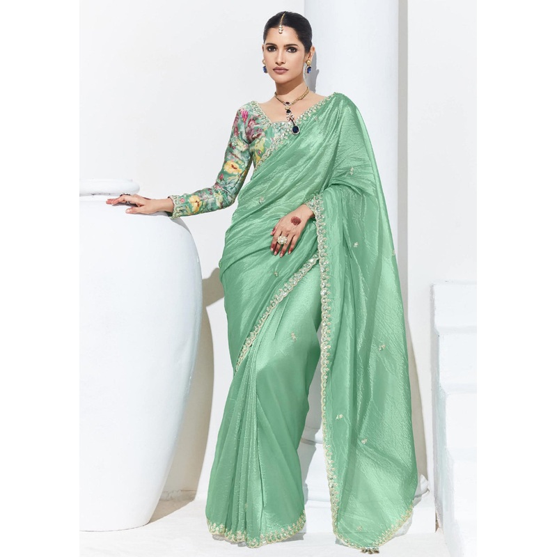 Stunning Green Organza Embroidered Party Wear Saree