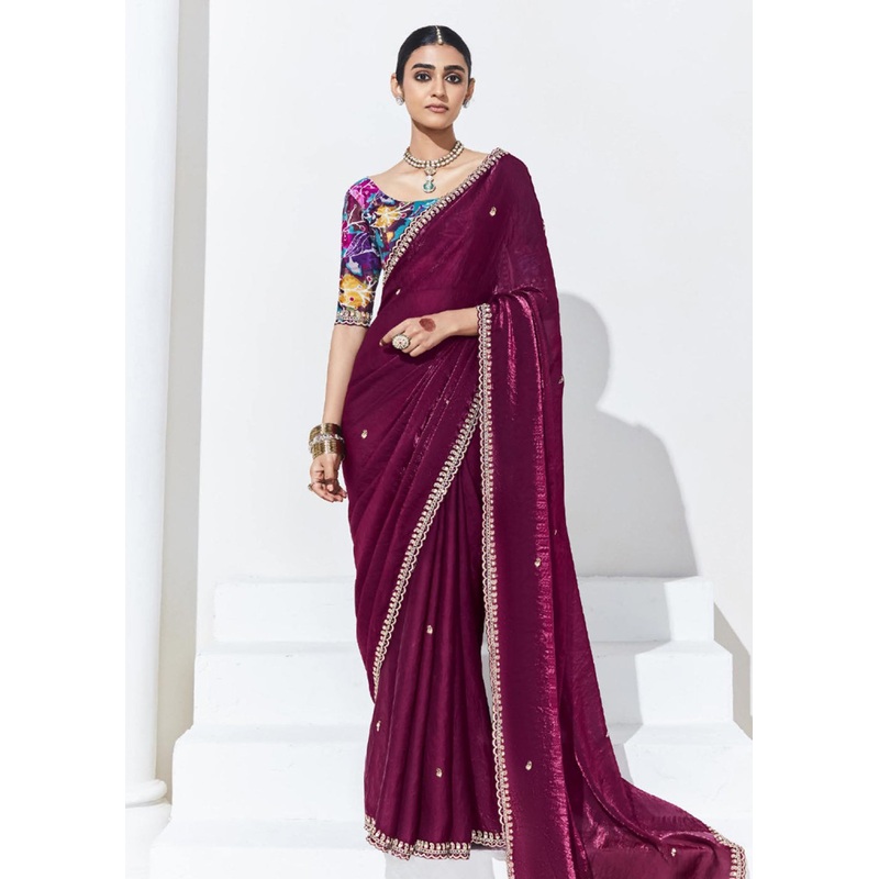 Stunning Maroon Organza Embroidered Party Wear Saree