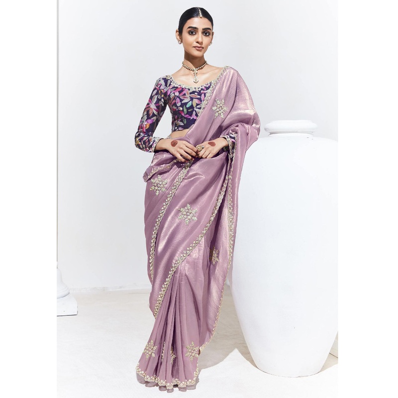 Stunning Mauve Organza Embroidered Party Wear Saree