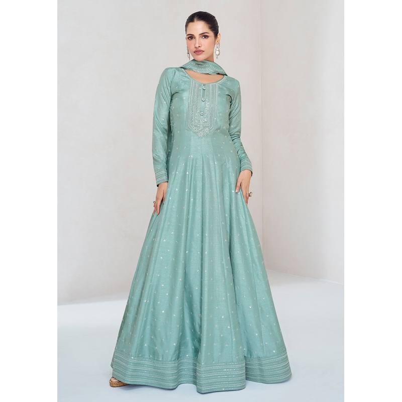 Stunning Mint Blue Silk Embroidered Wedding Anarkali Gown