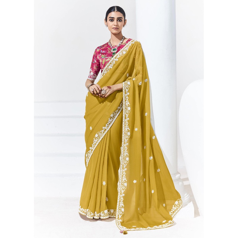 Stunning Mustard Organza Embroidered Party Wear Saree