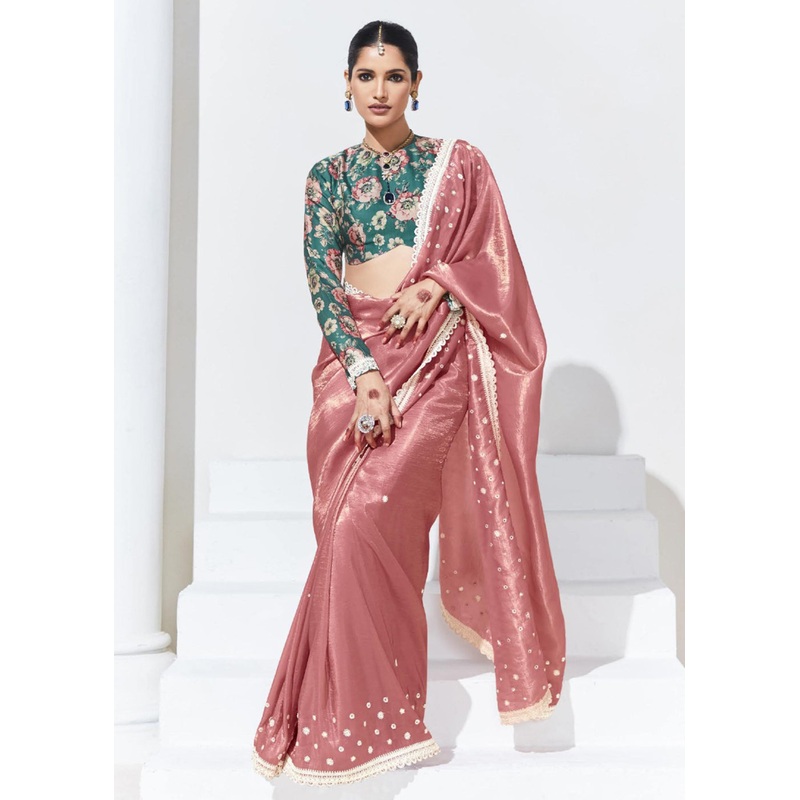 Stunning Peach Organza Embroidered Party Wear Saree