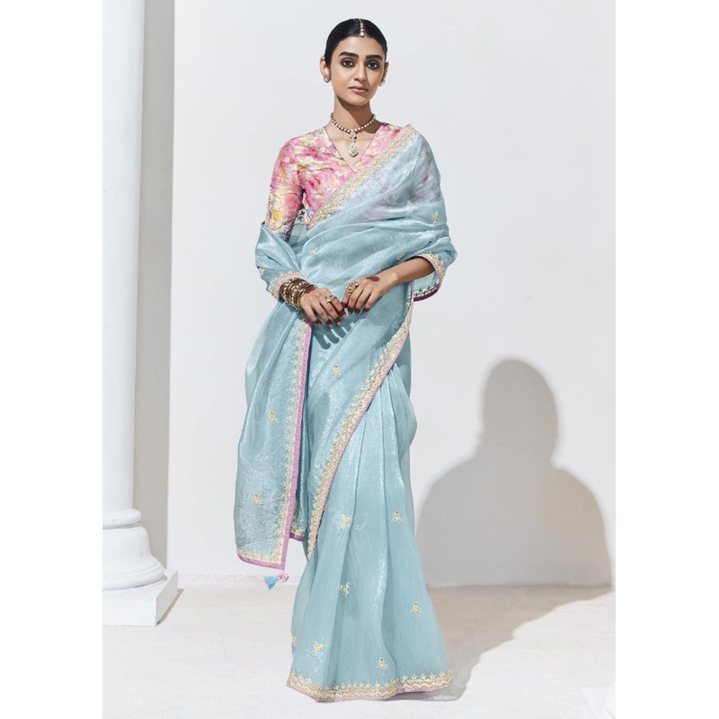 Stunning Sky Blue Organza Embroidered Party Wear Saree
