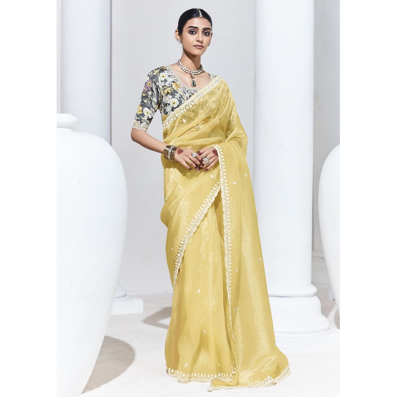 Stunning Yellow Organza Embroidered Party Wear Saree