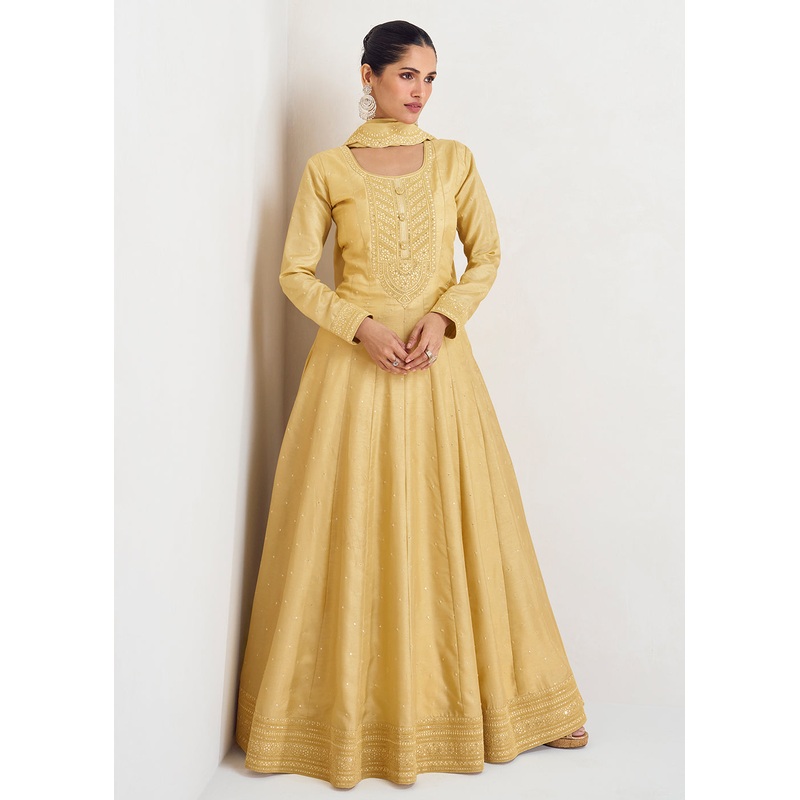 Stunning Yellow Silk Embroidered Wedding Anarkali Gown