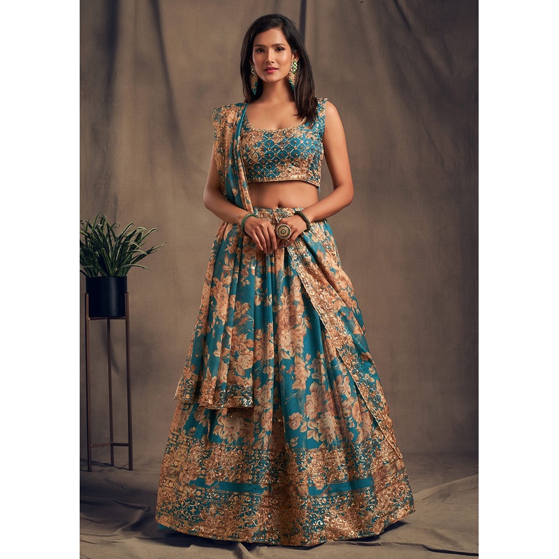 Teal Floral Embroidered Organza Wedding Lehenga Choli