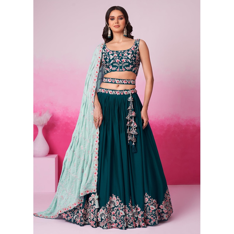 Teal Pure Georgette Sequins Embroidered Lehenga Choli