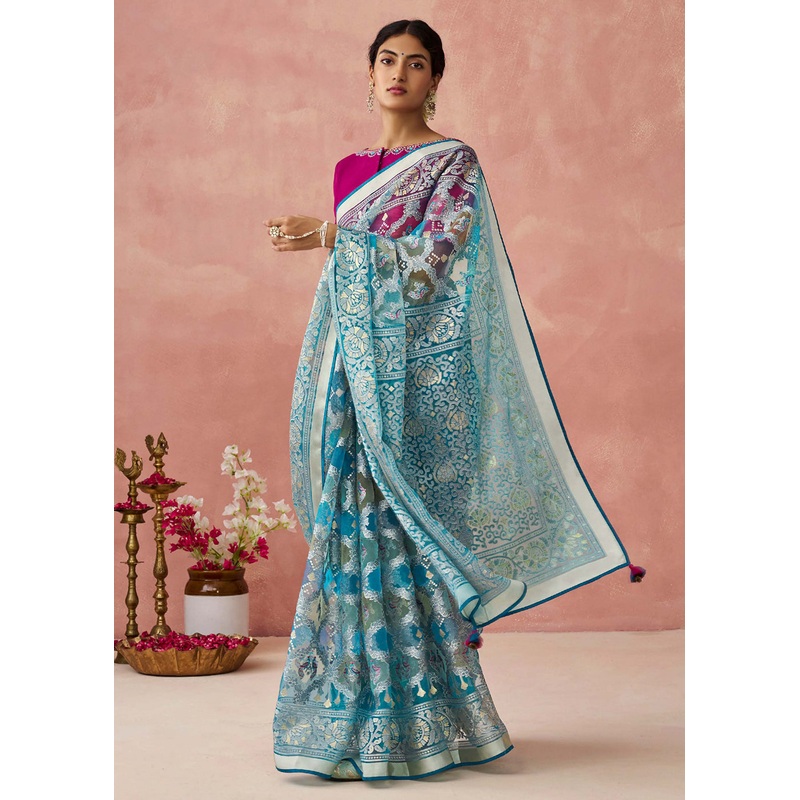 Teal Soft Brasso Organza Printed Festive Classic Saree