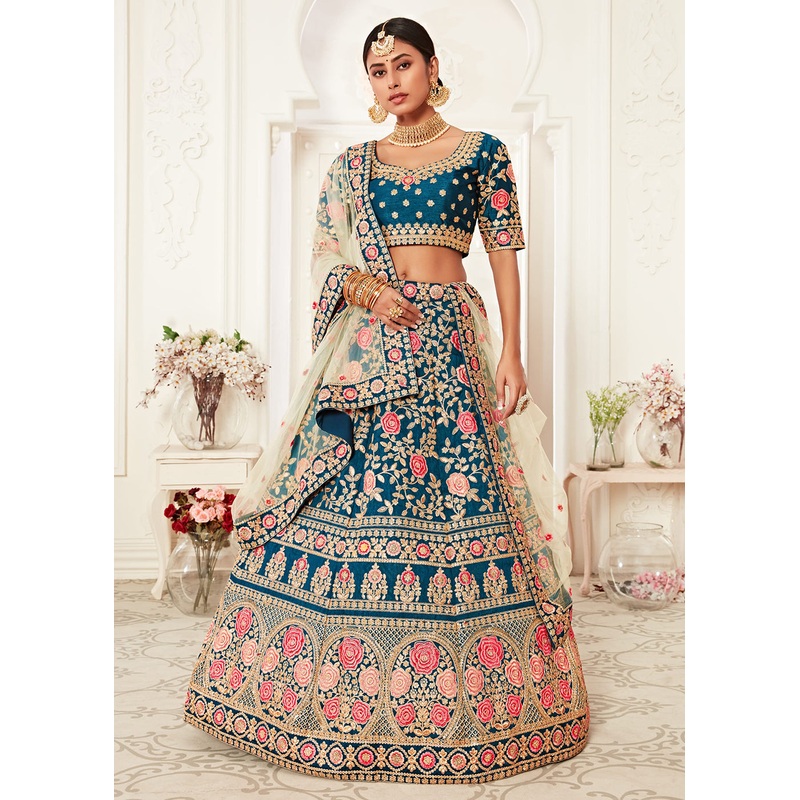 Trendy Blue Silk Embroidered Wedding Lehenga Choli