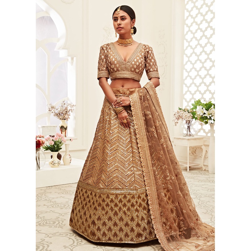 Trendy Brown Silk Embroidered Wedding Lehenga Choli