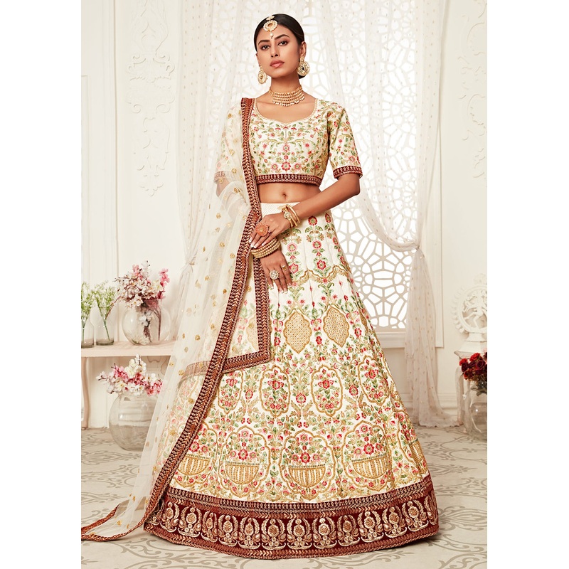 Trendy Off White Silk Embroidered Wedding Lehenga Choli