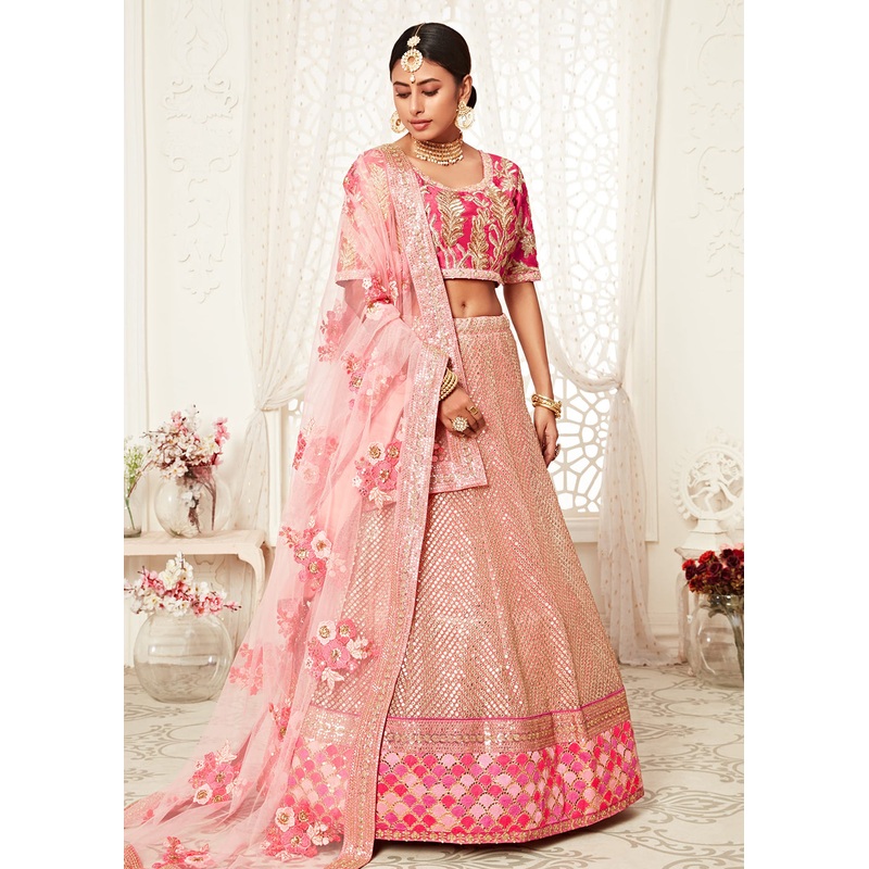 Trendy Pink Net Embroidered Wedding Lehenga Choli